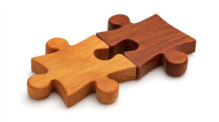 Two wooden puzzle pieces fit together perfectly, representing connection and collaboration. Ideal for themes involving teamwork, strategy, and problem-solving.の素材