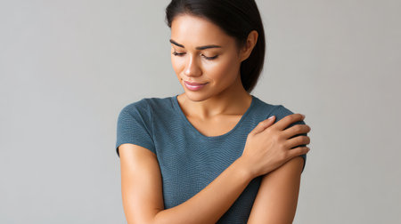 A young woman softly touches her shoulder, showcasing a serene expression. The minimalistic backdrop complements her calm and confident demeanor, ideal for wellness themes.の素材