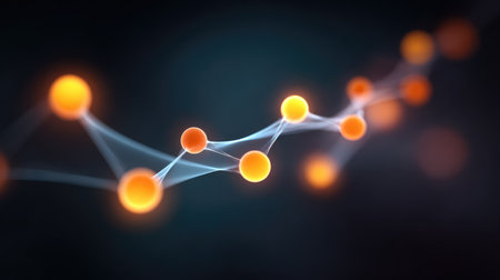 This abstract digital artwork features glowing spheres interconnected by lines, symbolizing molecular structure and scientific concepts against a dark backdrop.の素材
