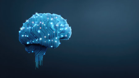 This image depicts a futuristic brain design, incorporating circuit patterns that symbolize advanced technology and artificial intelligence in an abstract and modern style.の素材