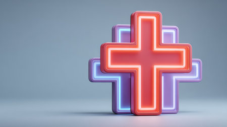 A vibrant neon cross design radiates energy and positivity, perfect for concepts related to health and wellness in a modern and minimalist style.の素材