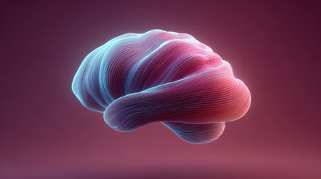 This image features an abstract brain design with flowing lines and a soft glow, emphasizing themes of intelligence, creativity, and cognitive exploration in a stunning visual context.の素材