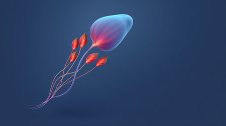 This abstract design showcases a glowing shape with tendrils and vibrant leaves, set against a deep blue background, perfect for creative projects and modern decor.の素材