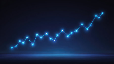 A stunning abstract representation of a digital graph showing upward growth with glowing blue lights, ideal for concepts related to data visualization, progress, and business success.の素材