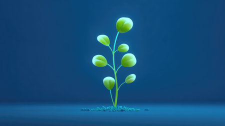 A vibrant green seedling emerges on a smooth surface against a soft blue background, symbolizing growth, renewal, and the beauty of nature in springtime.の素材