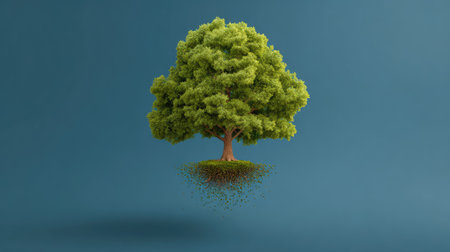 A stunning floating tree with vibrant green leaves, showcasing nature's beauty and serenity against a textured blue background, symbolizing growth and life.の素材