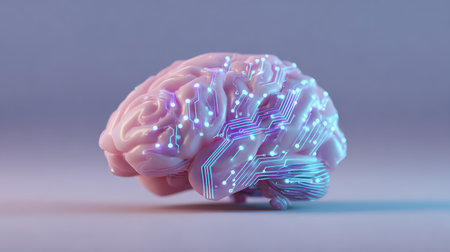 This digital illustration showcases a human brain integrated with circuit patterns, symbolizing the intersection of neuroscience and technology, encapsulating innovation.の素材