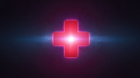 A striking red medical cross symbol shines brightly against a dark background, radiating light and energy. This image represents healthcare, safety, and emergency response, inspiring trust and support.の素材