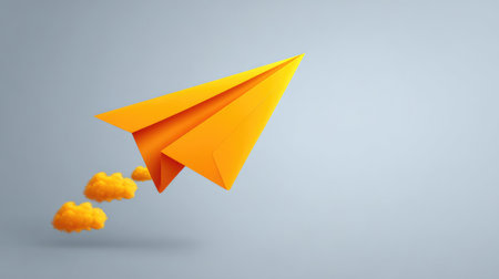 A vibrant orange paper airplane flies through a light gray background, leaving a trail of colorful smoke, evoking ideas of creativity, adventure, and innovation.の素材