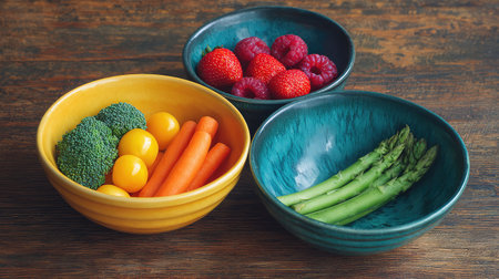 A vibrant display of fresh vegetables and fruits showcases the beauty of healthy eating. The colorful bowls filled with broccoli, carrots, and berries invite a nutritious lifestyle.の素材