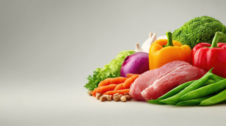 A vibrant selection of fresh vegetables alongside lean meat, ideal for healthy meal preparation. Perfect for culinary enthusiasts looking to create nutritious dishes.の素材