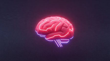 Stunning neon brain illustration with glowing accents set against a dark background, ideal for technology and science themes, showcasing creativity and innovation.の素材