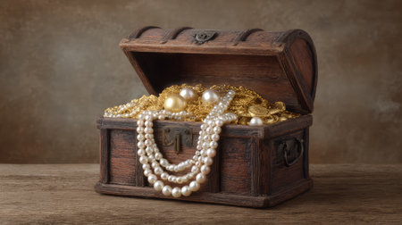 An antique wooden treasure chest overflowing with golden jewelry and lustrous pearls. This image evokes luxury and adventure, perfect for creative projects or storytelling.の素材