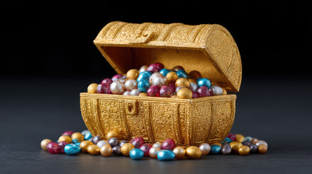 A stunning golden treasure chest opens to reveal a delightful assortment of colorful pearls and gems scattered around. Ideal for themes of wealth and fantasy.の素材