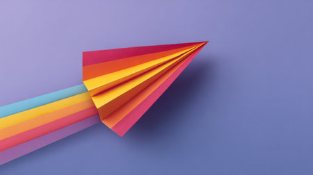 A colorful paper arrow bursts forth against a soft purple backdrop, symbolizing creativity and imagination. Perfect for artworks, designs, or educational themes.の素材