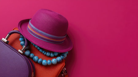 Explore the beauty of vibrant accessories displayed creatively against a striking pink background, perfect for summer fashion and lifestyle inspirations.の素材