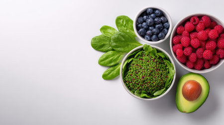 This image features a vibrant arrangement of fresh spinach, raspberries, blueberries, and avocado, perfect for promoting healthy eating and nutritious recipes.の素材