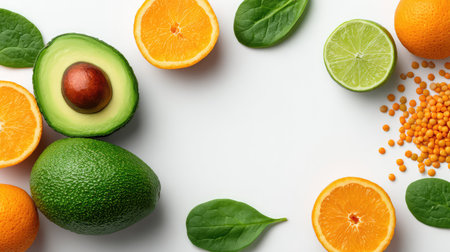 This vibrant arrangement features fresh avocado, citrus fruits, and spinach leaves, showcasing a healthy and colorful lifestyle perfect for nutrition-focused recipes.の素材