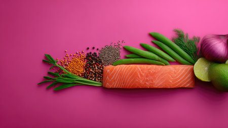 A vibrant composition featuring a fresh salmon fillet complemented by spices, green peas, red onions, dill, and lime on a vivid pink background for culinary inspiration.の素材