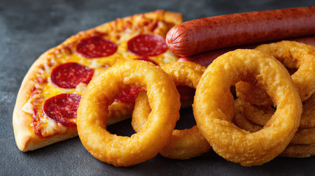 A tempting fast food spread featuring pepperoni pizza, juicy sausage, and crispy onion rings. Perfect for meal ideas, gatherings, or food photography.の素材