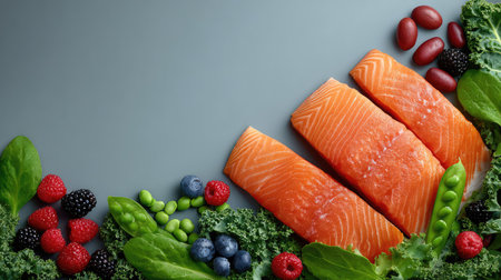 Beautifully arranged fresh salmon fillets with vibrant fruits and greens, ideal for healthy meal ideas, culinary inspiration, and delicious presentations showcased on a gray background.の素材