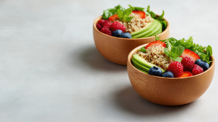 Two wooden bowls filled with a vibrant fruit salad featuring quinoa, avocado, berries, and greens, ideal for promoting healthy eating and vibrant meals.の素材