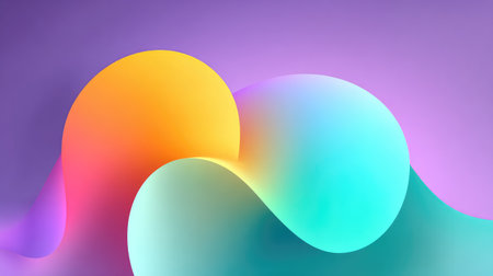 This vibrant abstract background features smooth curves and flowing shapes in hues of orange, pink, and turquoise, evoking a sense of serenity and creativity.の素材