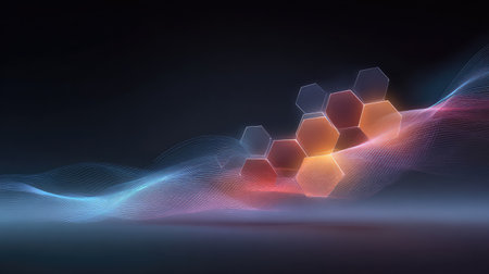 Stunning futuristic abstract background featuring colorful hexagons and flowing waves, ideal for technology or science-related projects and creative designs.の素材