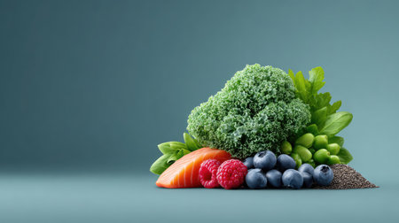 This vibrant arrangement features fresh vegetables, fruits, and a salmon fillet on a soft blue background, perfect for promoting healthy eating and nutrition themes.の素材