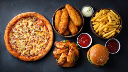 A vibrant spread of fast food featuring a cheesy pizza, crispy chicken wings, golden fries, and a juicy burger, perfect for parties or casual dining moments.の素材