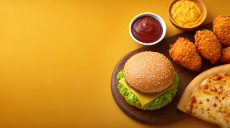 An appetizing arrangement of fast food items, including a cheeseburger, fried chicken, pizza, and various dipping sauces, set against a bright yellow backdrop.の素材