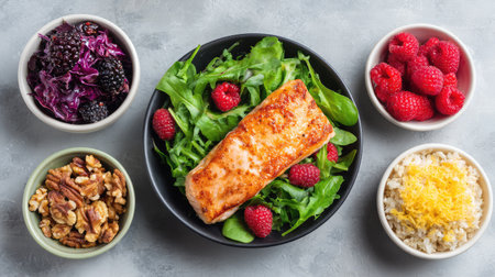 This vibrant dish features a perfectly cooked salmon filet atop fresh greens, complemented by juicy raspberries, nuts, and colorful vegetable sides, ideal for healthy dining.の素材