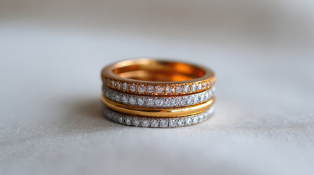 This image features a stunning arrangement of three luxurious gold and silver rings adorned with sparkling diamonds, ideal for showcasing premium jewelry designs.の素材