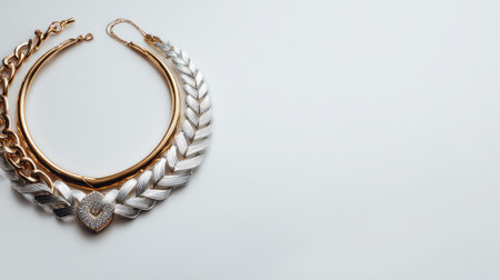 This image features a stunning arrangement of elegant gold and silver necklaces on a soft light background, highlighting the intricate designs and textures that enhance fashion choices.の素材