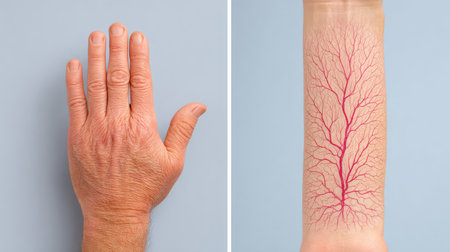 Explore a striking illustration showcasing a human hand and arm, featuring the intricate vascular system. Ideal for educational purposes in medical fields.の素材