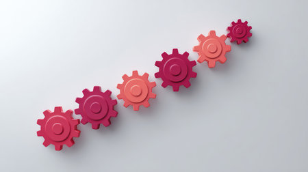 Vibrant gears in a gradient display represent teamwork and innovation, reflecting the importance of collaboration in achieving business success and technological progress.の素材