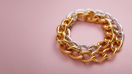A striking gold and silver chain bracelet rests on a soft pastel pink background, highlighting its elegant design and perfect for any modern woman's accessory collection.の素材