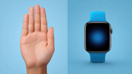 This image features a human hand displaying the palm alongside a modern smartwatch on a light blue background, perfect for tech and lifestyle themed projects.の素材