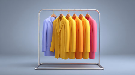 A stylish display of colorful blazers in shades of purple, yellow, and pink showcased on a sleek rack. Ideal for designers and fashion enthusiasts seeking inspiration.の素材