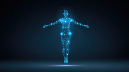 A stunning digital representation of a human silhouette filled with glowing points of light. This abstract image symbolizes energy, technology, and health concepts.の素材