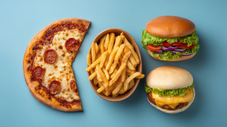 A vibrant fast food composition featuring a slice of pepperoni pizza, crispy fries, and mouth-watering hamburgers arranged on a blue background, perfect for food enthusiasts.の素材