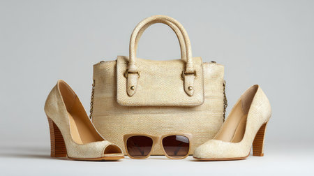 Discover a stunning arrangement of fashion accessories featuring elegant high heels, a chic handbag, and trendy sunglasses, perfect for enhancing any stylish outfit.の素材