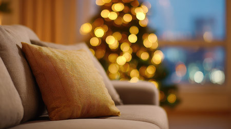 A cozy living room scene showcasing a beige sofa with a decorative cushion, set against a backdrop of a beautifully lit Christmas tree to evoke warmth and joy.の素材