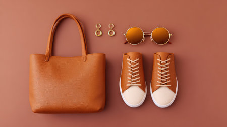 A chic arrangement of brown fashion accessories including a handbag, sneakers, sunglasses, and earrings on a neutral background, perfect for trendy lifestyle imagery.の素材