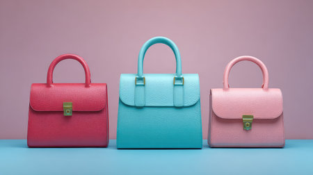 This image showcases three stylish handbags in vibrant colors, displayed against a soft pink and blue background, perfect for fashion inspiration and accessories.の素材