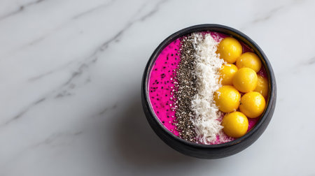 This colorful dragon fruit smoothie bowl features yellow melon balls and coconut flakes, making it a delightful, healthful breakfast choice full of vibrant flavors.の素材