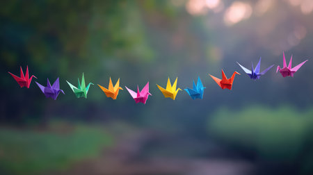 A beautiful array of colorful origami cranes hanging in nature, symbolizing peace and hope against a tranquil background, perfect for artistic and creative projects.の素材