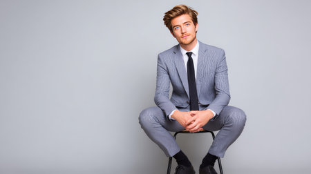 A young man dressed in a sharp gray suit exudes confidence while seated on a chair, set against a neutral gray backdrop, perfect for portraying modern professionalism and style.の素材