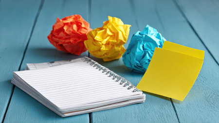 A flat lay image featuring a blank notepad, colorful sticky note, and crumpled paper balls on a turquoise wooden surface, perfect for representing brainstorming and idea generation.の素材