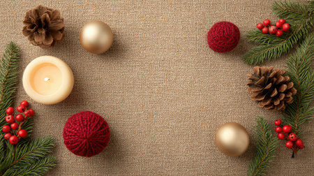 A beautifully arranged festive display featuring a candle, pine cones, and colorful ornaments on a burlap surface, perfect for creating a warm holiday atmosphere.の素材